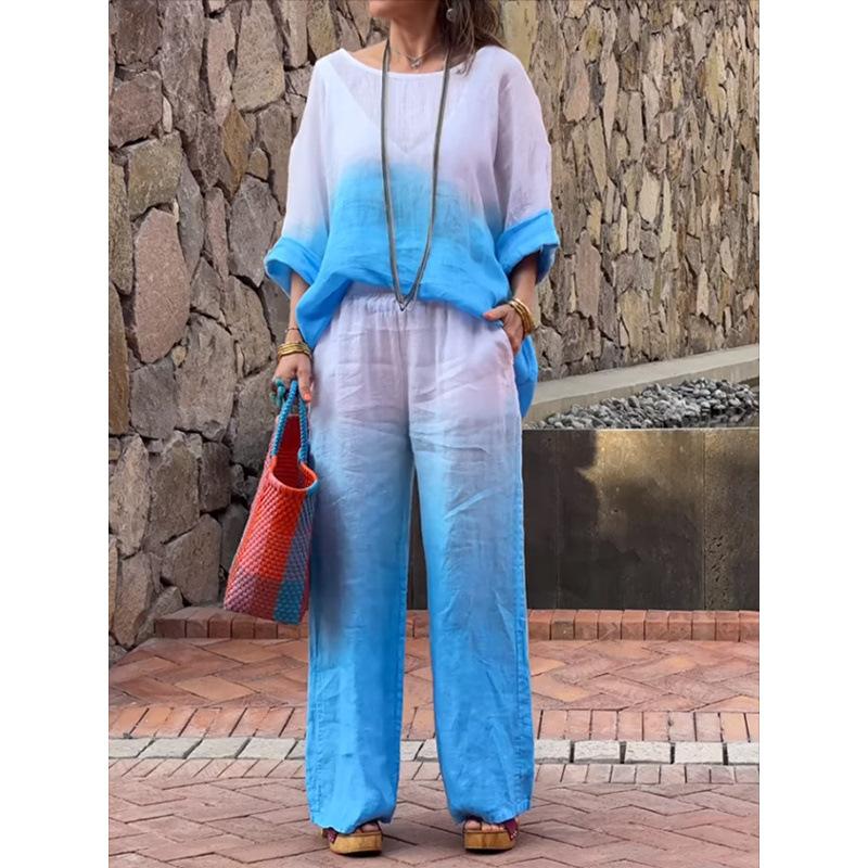 Women's Loose Fit Two-Piece Outfit Set 3/4 Sleeve Boat Neck Top High Waist Wide Leg Pants