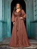 European Plus Size V-Neck Ruffle Lantern Sleeve Formal Dress