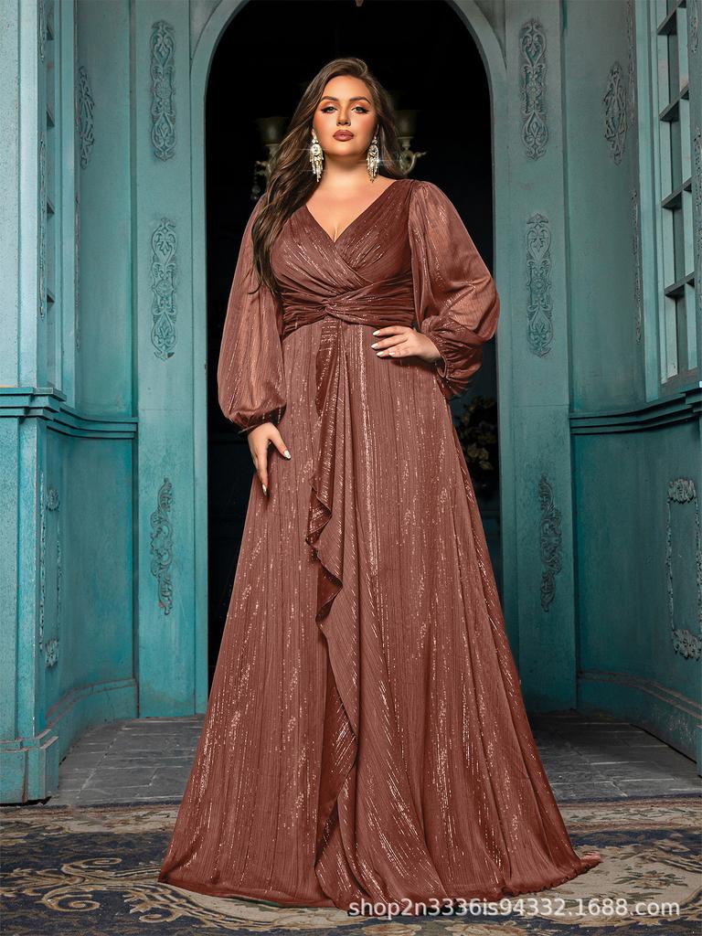 European Plus Size V-Neck Ruffle Lantern Sleeve Formal Dress