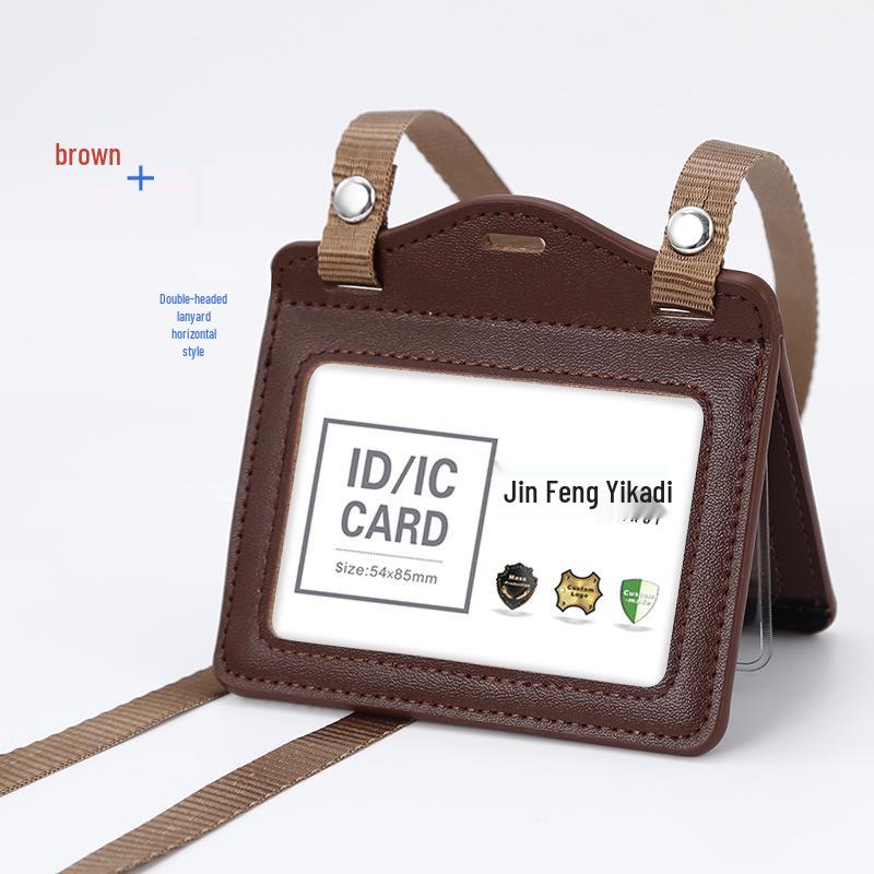 Genuine Leather Work ID Card Holder with Lanyard - 4 Card Slots for Employee and Chest Badges