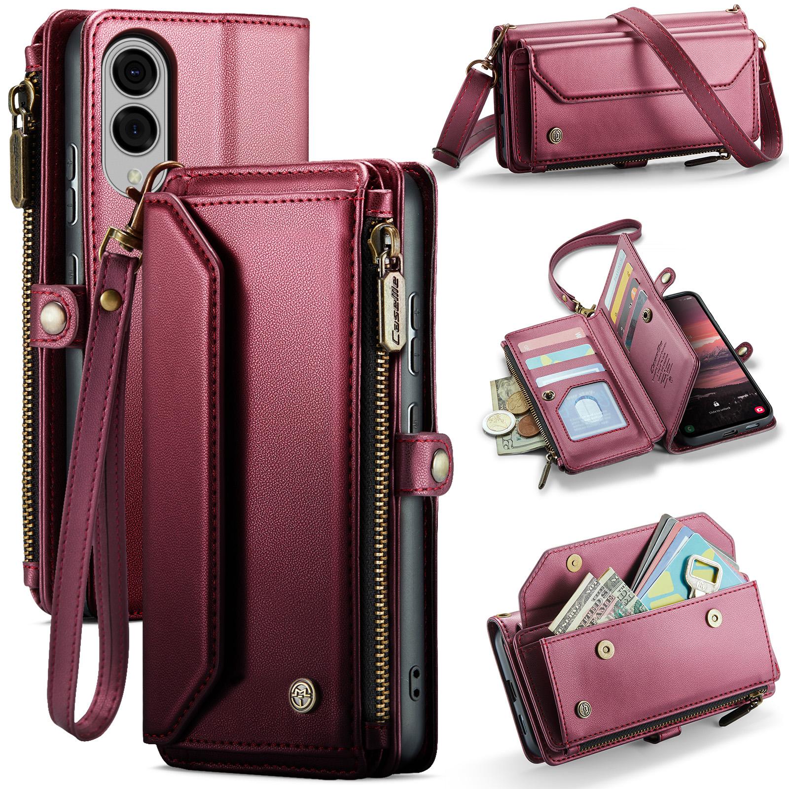 

For Samsung Galaxy S25 Edge Leather Case CASEME C36 Zipper Multiple Card Slots Phone Cover with Straps Wine Red