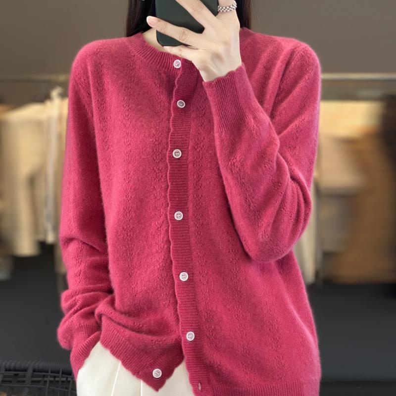 New Round Neck Hollow Wool Cardigan for Autumn and Winter for Women, Loose and Fashionable Cashmere Sweater Soft and Glutinous Skin-friendly Top