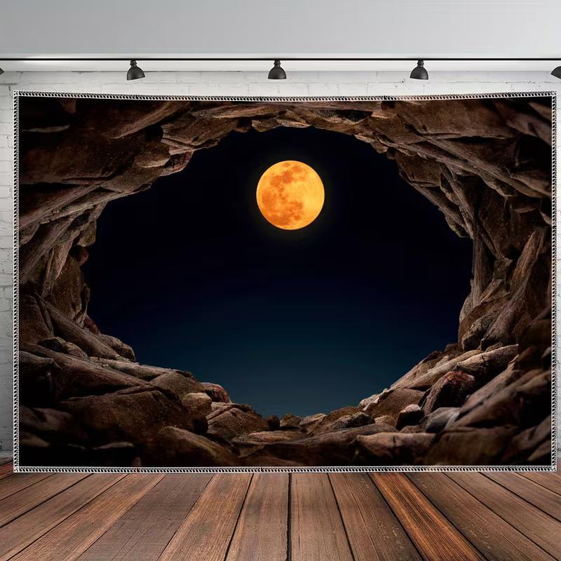 

2D Flat Printed Cave Blood Moon Backdrop, Orange Full Moon Night Sky Photo Banner 47.2x31.5inch/120*80cm