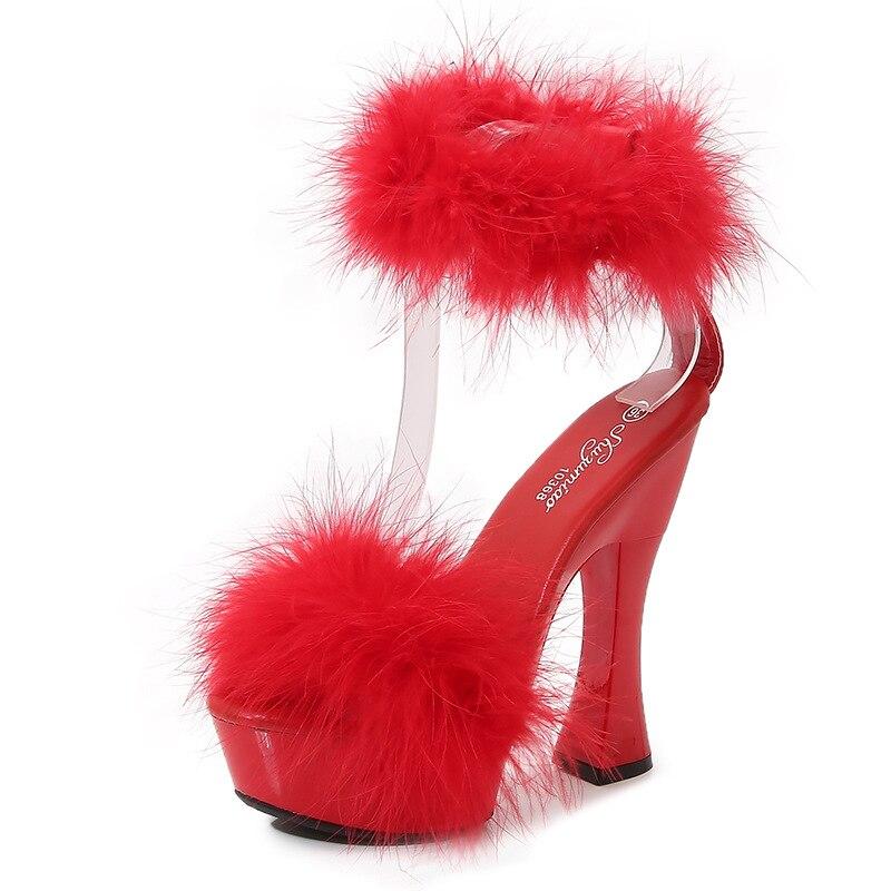 

Женская обувь на высоком каблуке для ночного клуба, однотонная обувь на толстом каблуке из норки, Fairy Catwalk, серия 1106, каблук 14 см, платформа 4 см, LFD 43 красный