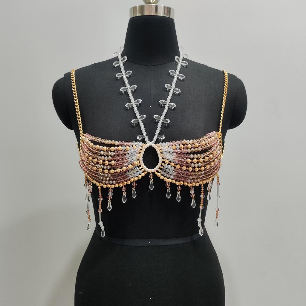 Skl000666 European American Crystal Imitation Pearl Halter Backless Chest Body Chain Fashion Colorful Beaded Women Adults