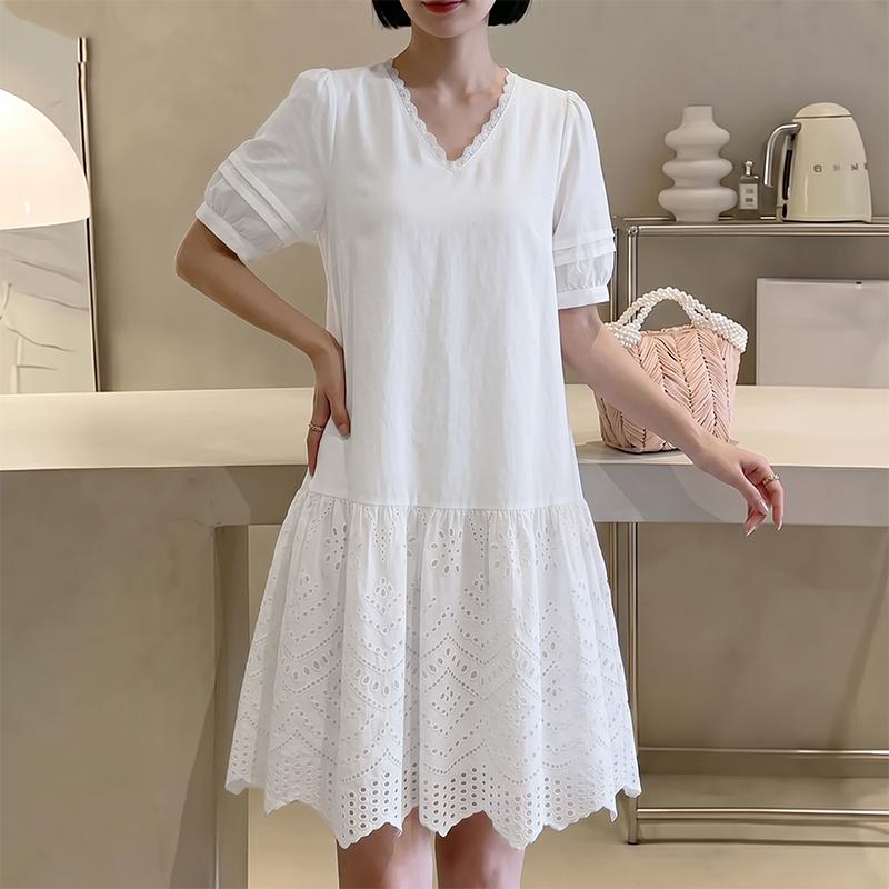 ZANZEA Women Casual V-Neck Short Sleeve Lace Crochet Splice Loose Dress M