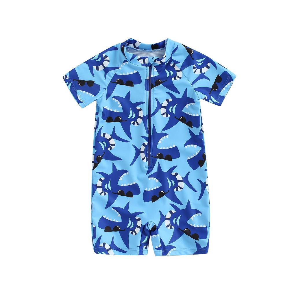 Toddler Boys One-Piece Swimsuit, Summer Short Sleeve Cartoon Animal Sun Protection Bathing Suit