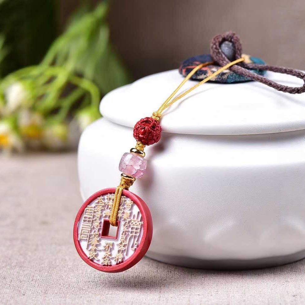 Natural Cinnabar Red Sand Ghost Coin Peace Buckle Pendant Polished