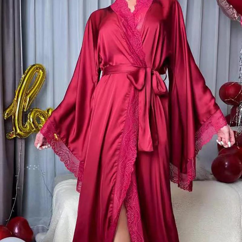Sexy Langer Uni Spitzen-Patchwork Seiden-Satin Bademantel Damen Ausgestellte Ärmel Locker Hofstil Nachtwäsche Spitze Besatz Roben Loungewear
