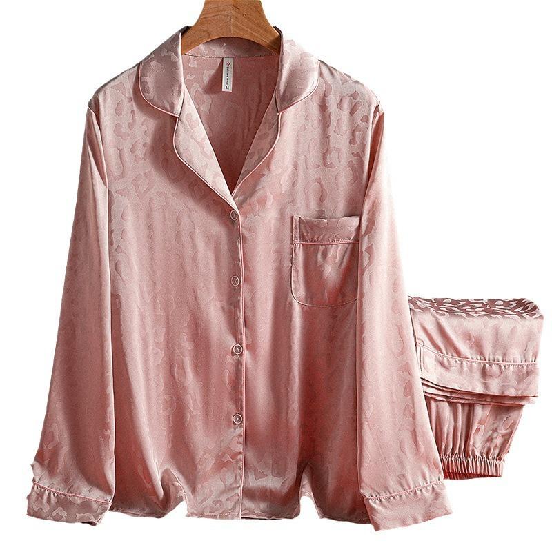 Pajamas women's spring and autumn ice silk long-sleeved lapel cardigan set Korean version solid color jacquard simple women's loungewear