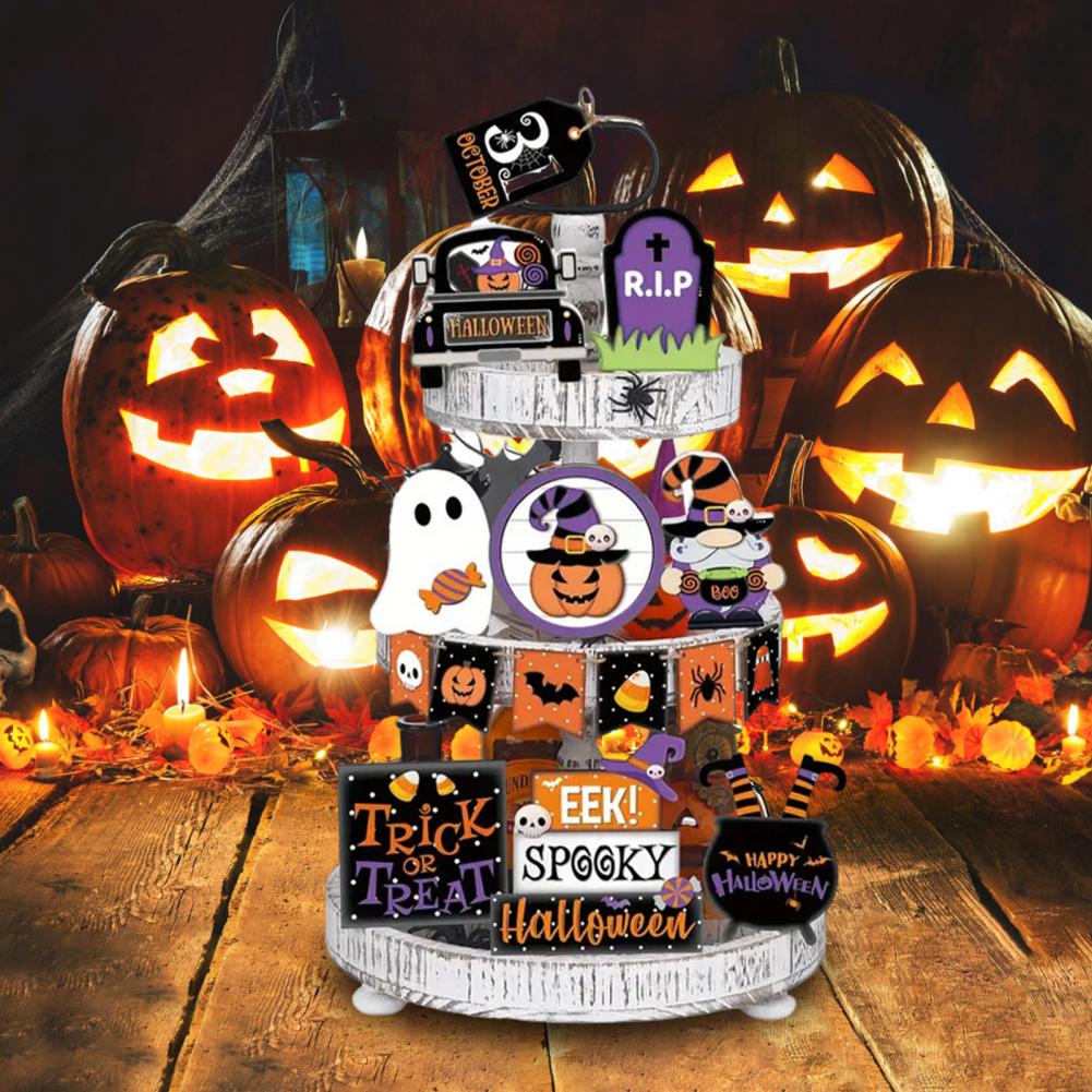 Rustikale Halloween-Dekoration Holz-Halloween-Deko Rustikales Halloween-Etagen-Tablett-Deko-Set mit Holzkürbis Geist für Etagen