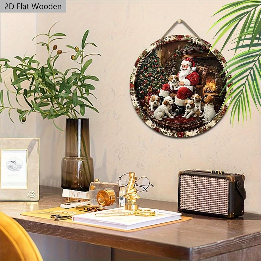 Rustic Christmas Wooden Sign with Santa Claus & Dogs Pattern - Navidad Artwork for Front Door, Wall Hanging Decor - Ideal Christmas Decoration