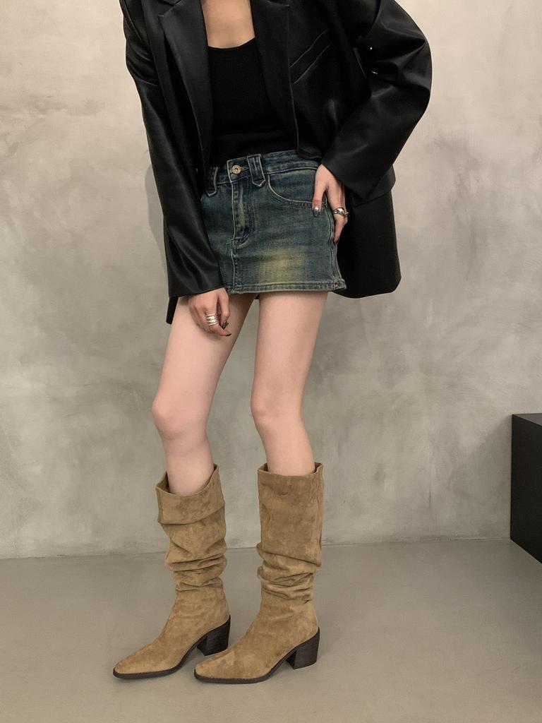 Vintage High Heel Suede Western Medium Boots Women's Season Fleece Pointed Pile Long Knight Boots
