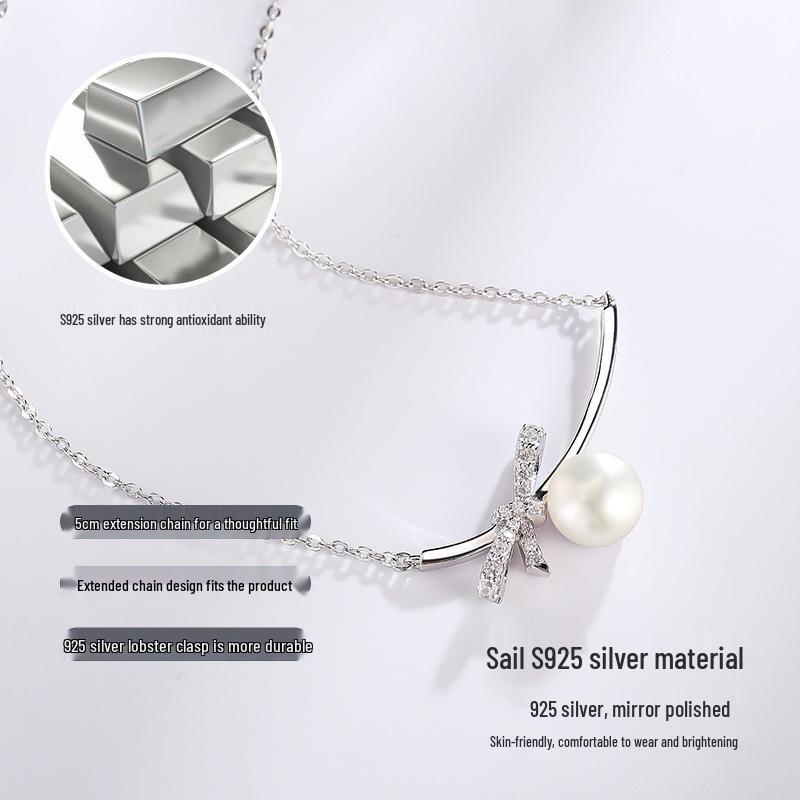 S925 Sterling Silver Bow & Freshwater Pearl Necklace