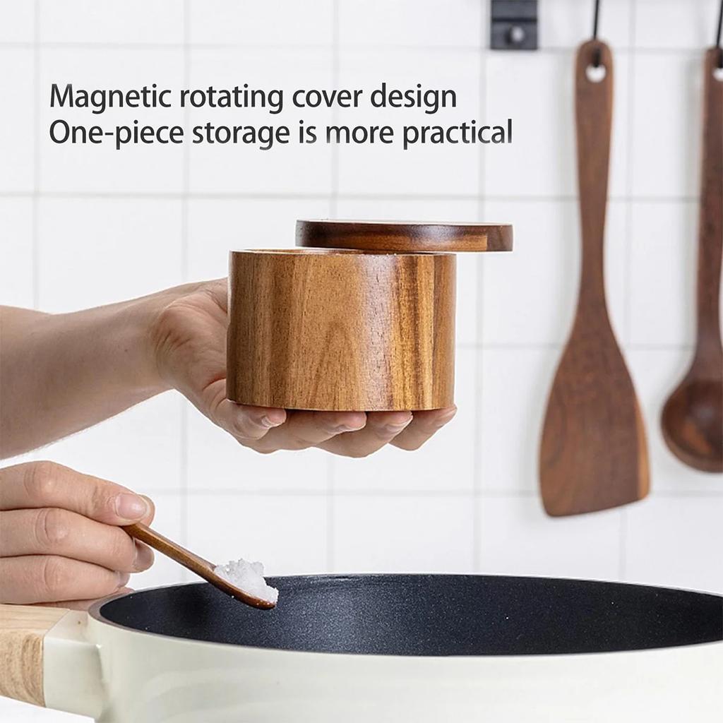 Acacia Wood Salt Box Solid Wood Spice Container Wooden Pepper Shaker Kitchen Seasoning Bottle Salt Storage Spice Jar