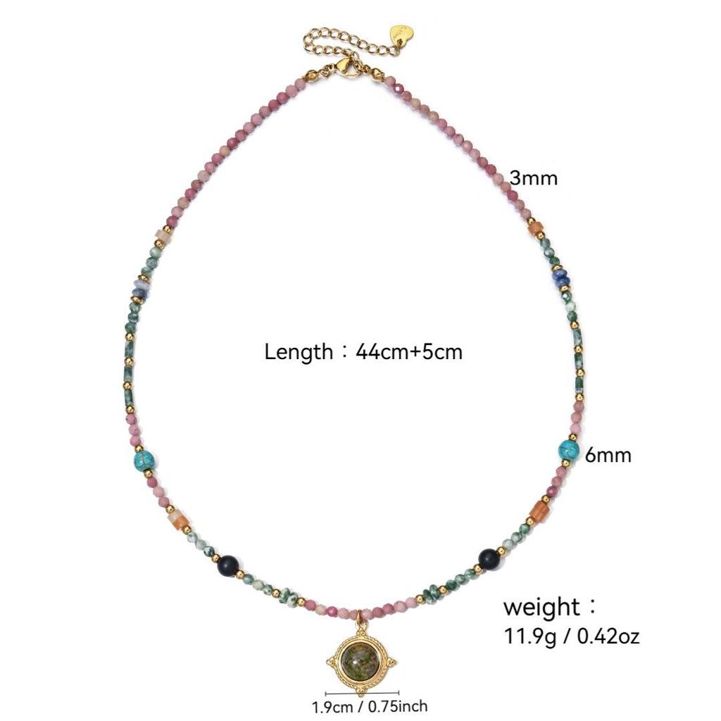 Retro French Colorful Beaded Necklace with Stainless Steel Pendant - High-End Clavicle Chain