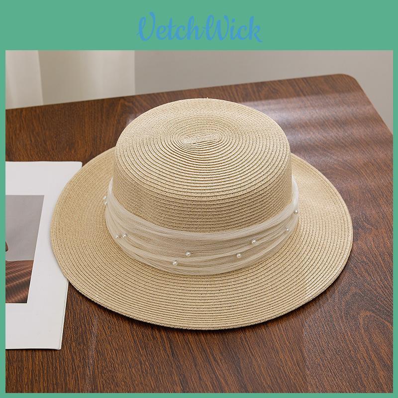 French Lace Pearl Straw Hat Summer Sunshade Wide Brim Breathable For Beach Vacation