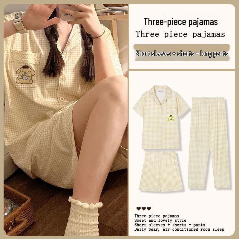 Kuromi Japanese-Style Cotton Pajamas: Women's Summer Lapel Sweet Cardigan Homewear Three-Piece Set