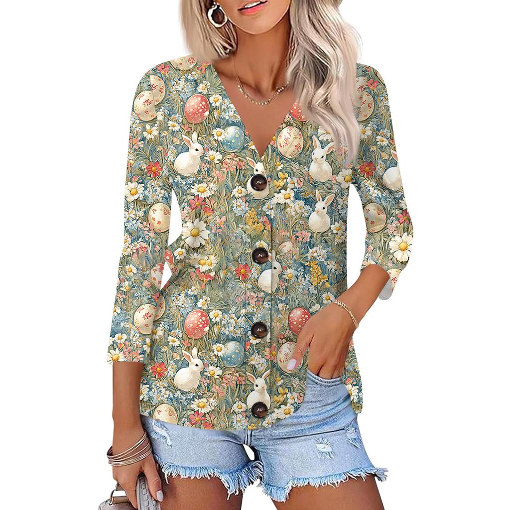 Women's Fashion Casual Print Button-down Shirt 3/4  Sleeve Tops
