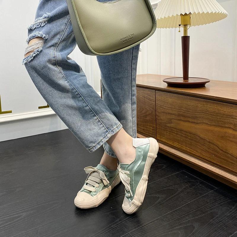 

Fashion New breathable retro canvas shoes for women s silk satin round toe tie up thick soled casual women s shoes 35 мятный зеленый
