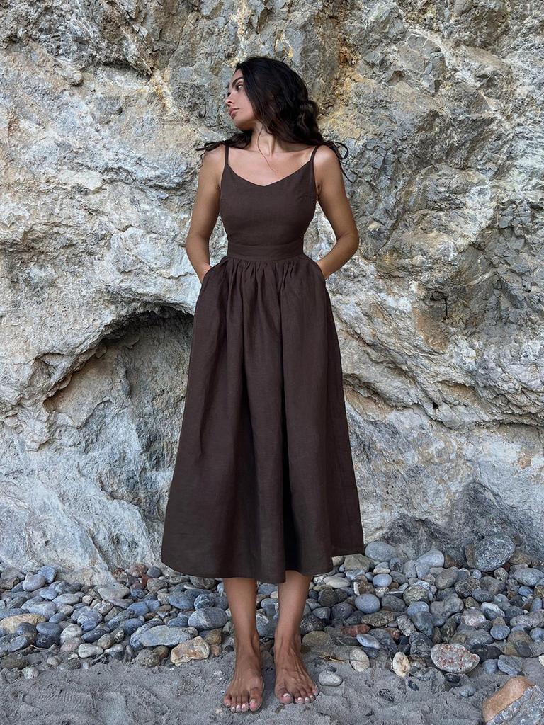 Solid Backless Beach Sling Dresses Women Summer Vintage V-neck Sleeveless Loose A-line Dress