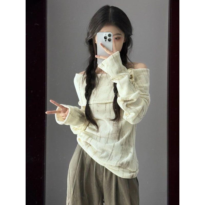 Deeptown Y2k Off Shoulder Women Sweatshirt Korean Style Long Sleeve Pullovers Harajuku Slash Neck Hoodie Slim Autumn Vintage