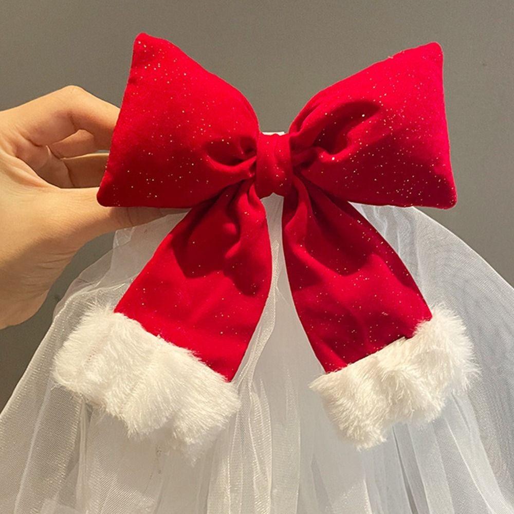 Velvet Christmas Veil Headband Red Bow Veil Gift Christmas Head Gauze Hair Clip