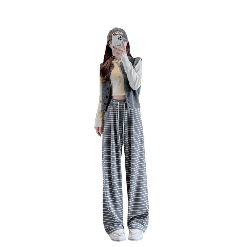 Knitted lazy striped glutinous rice wide-leg pants women's spring and autumn new high-waisted loose straight-leg pants floor-mopping casual pants