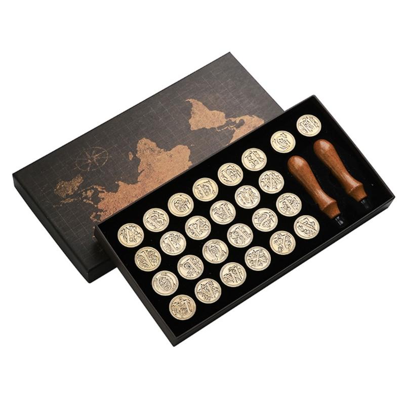 Wax Seal Stamp Gift Box Set 26 Letters Sealing Wax Stamps with 2pcs Wooden Handles Wax Stamp Kits for Cards Envelopes