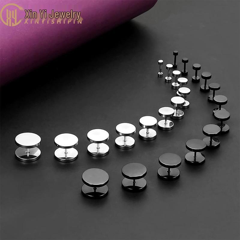 Stainless Steel Barbell Stud Earrings - Round Disc Hip Hop Style for Men