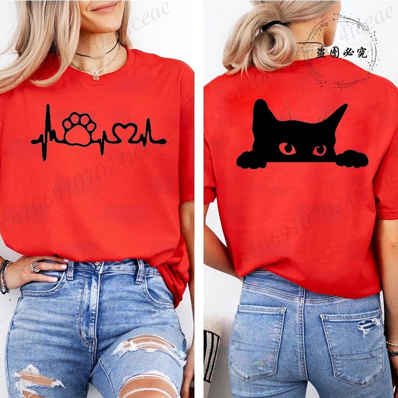 Cute Black Cat Print Crew Neck Womens TShirt Clothing Short Sleeve Casual Tee Tops for All Season Cat Lover Womens Clothing