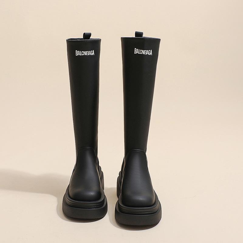 Tall elastic boots 2023 new versatile British style thick-soled one-pedal women's boots fashionable medium and short boots women's Martin