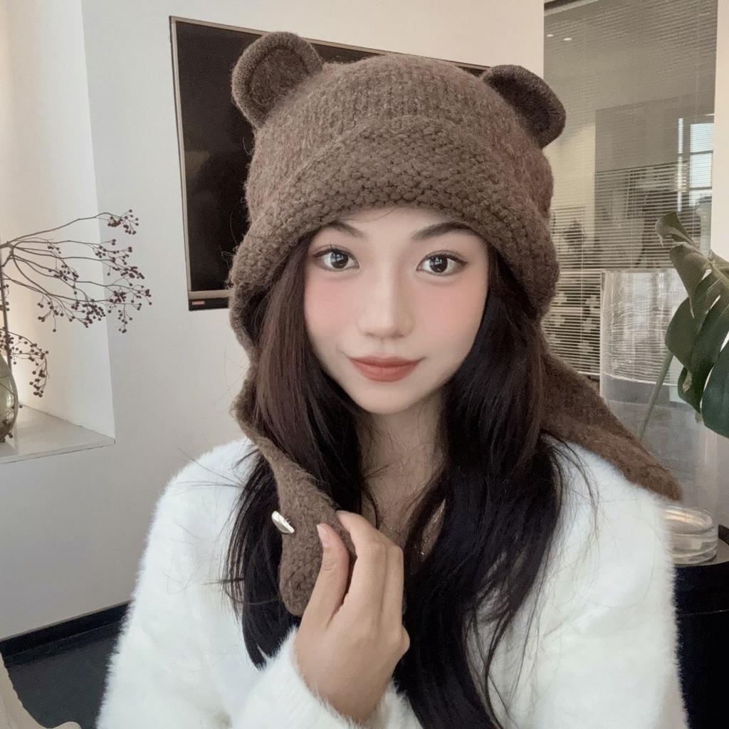 2026 autumn and winter new wool hat female cute bear ear protection cycling warm knitted scarf scarf integrated