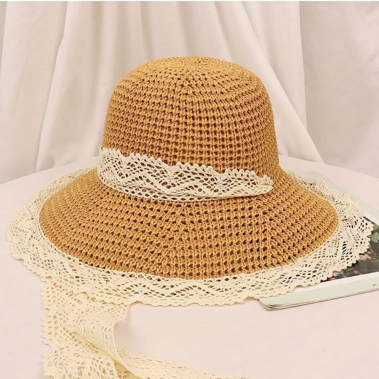 Women's Summer Lace Trim Straw Hat with Bow and Sun Protection