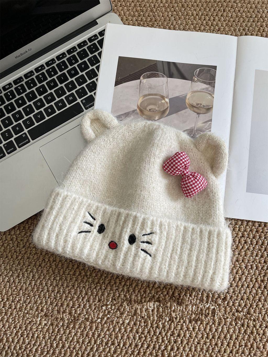 Cat Hello Kitty Knit Hat For Women Warm Cozy Winter Fashion Accessory Cream White