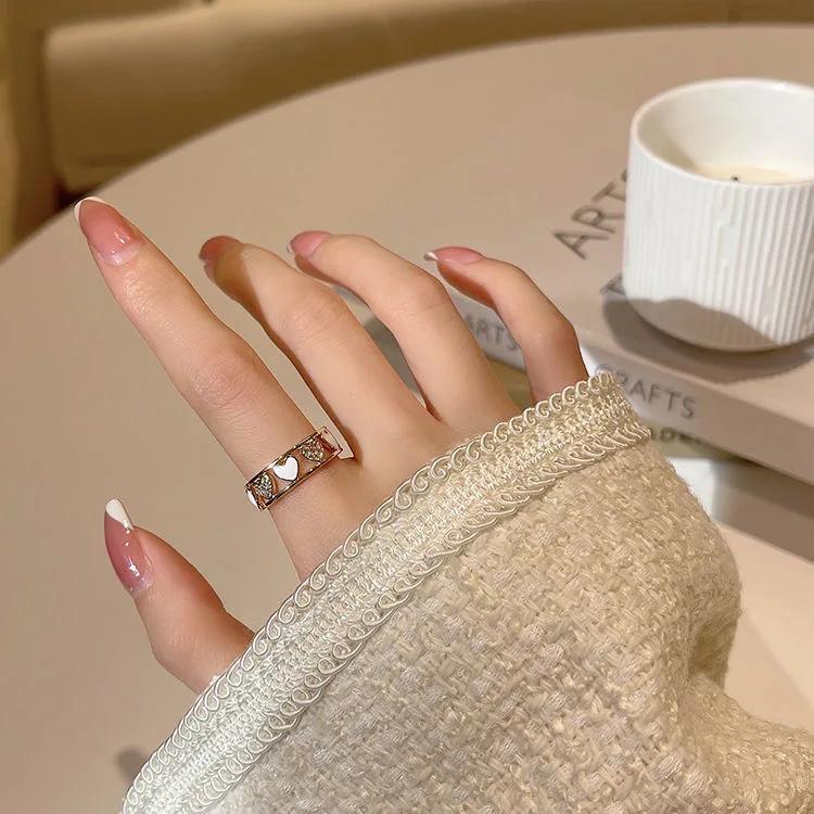 Korean Fashion Ins Style Rings for Women Niche Female Micro-inlaid Love Design Sense Luxury Hollow Adjustable Open Ring Anillos
