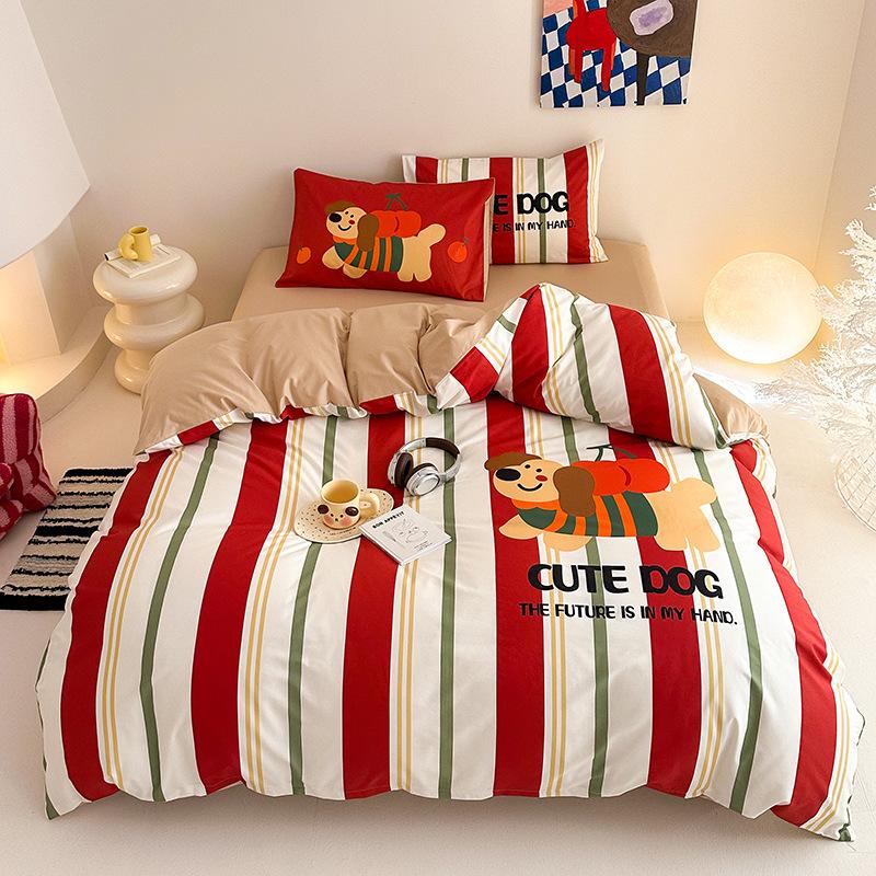 Pet Dog Cartoon Stripe Printed Bedding Set with Pillowcases,2PCS Two-sided Dachshund Printed Duvet Cover for Children and Adults
