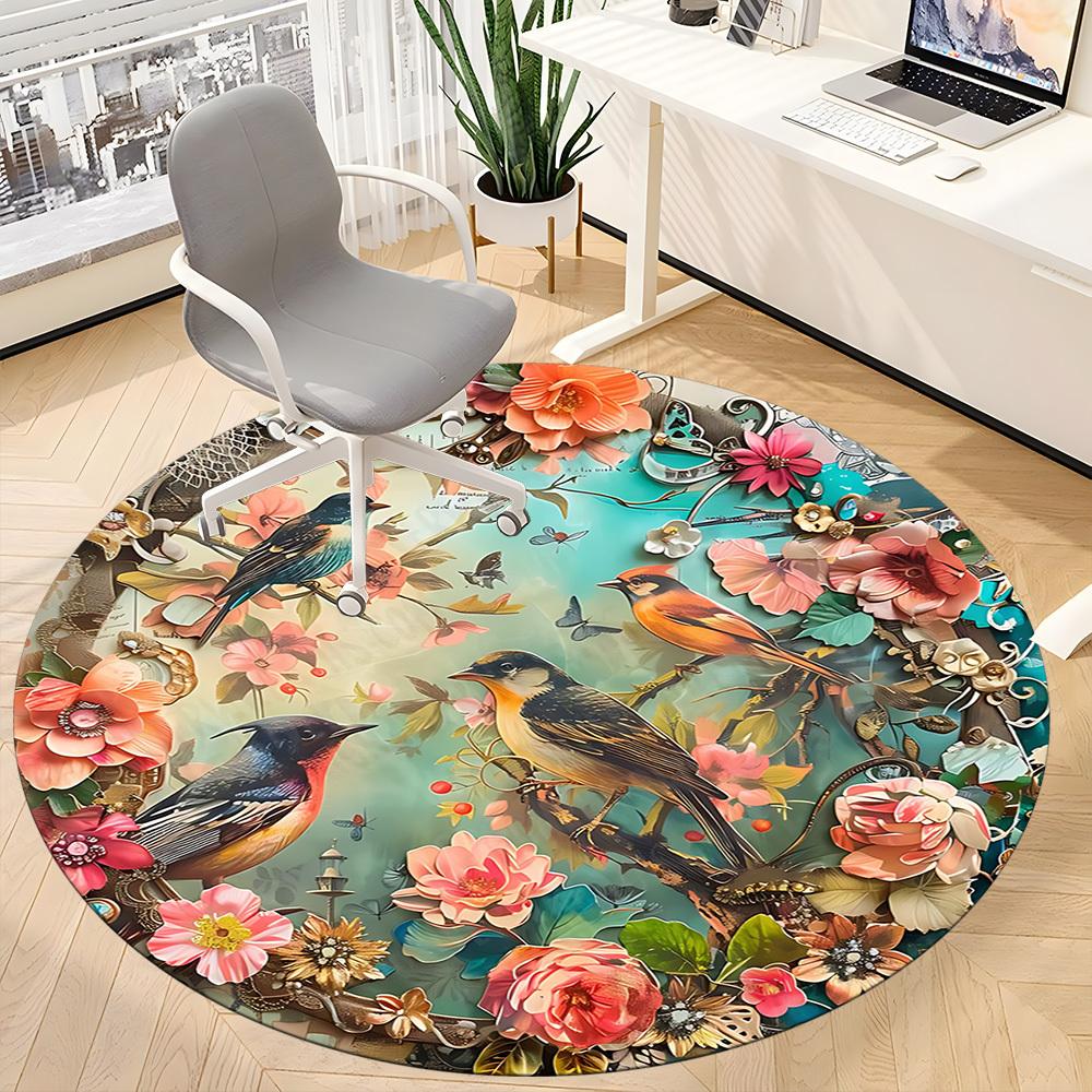 1PC Floral Birds Office Round Area Rug, Mat Suitable For Office, Under Office Chairs Bedroom Living Room Home Decor, Room Deco