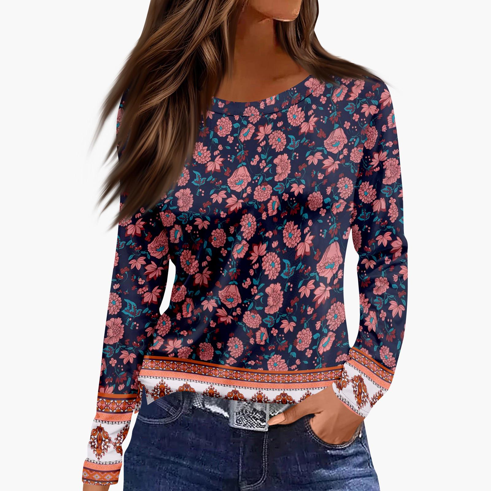 

Женский топ летняя одежда женская повседневная футболка с круглым вырезом и цветочным принтом с длинным рукавом S