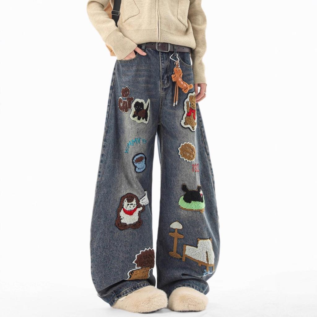 JYL Men's Flare Jeans Blue Jacquard Niche American High-Street Slim Straight Denim