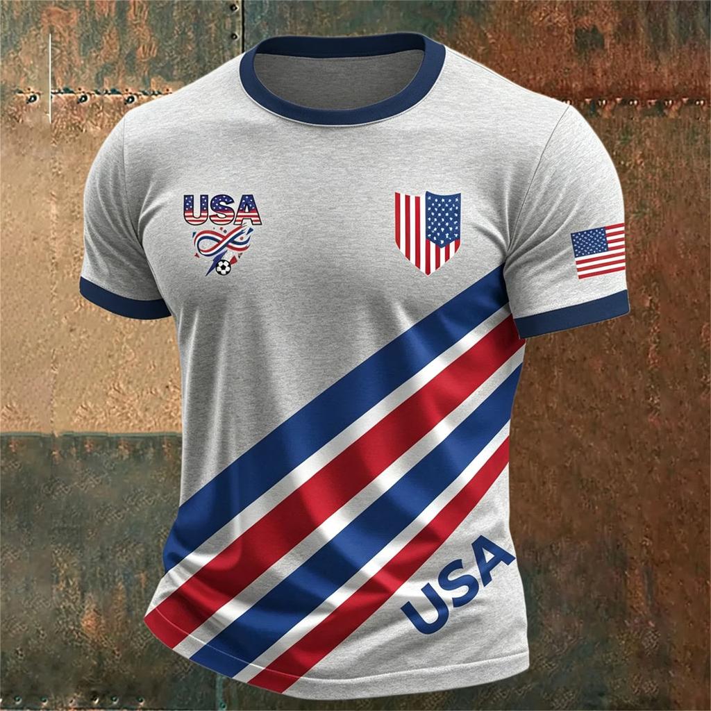 Men’s USA Football Print Crew Neck Classic Fit Short Sleeve T-Shirt with Striped Shield and Flag Design for Sports Fans