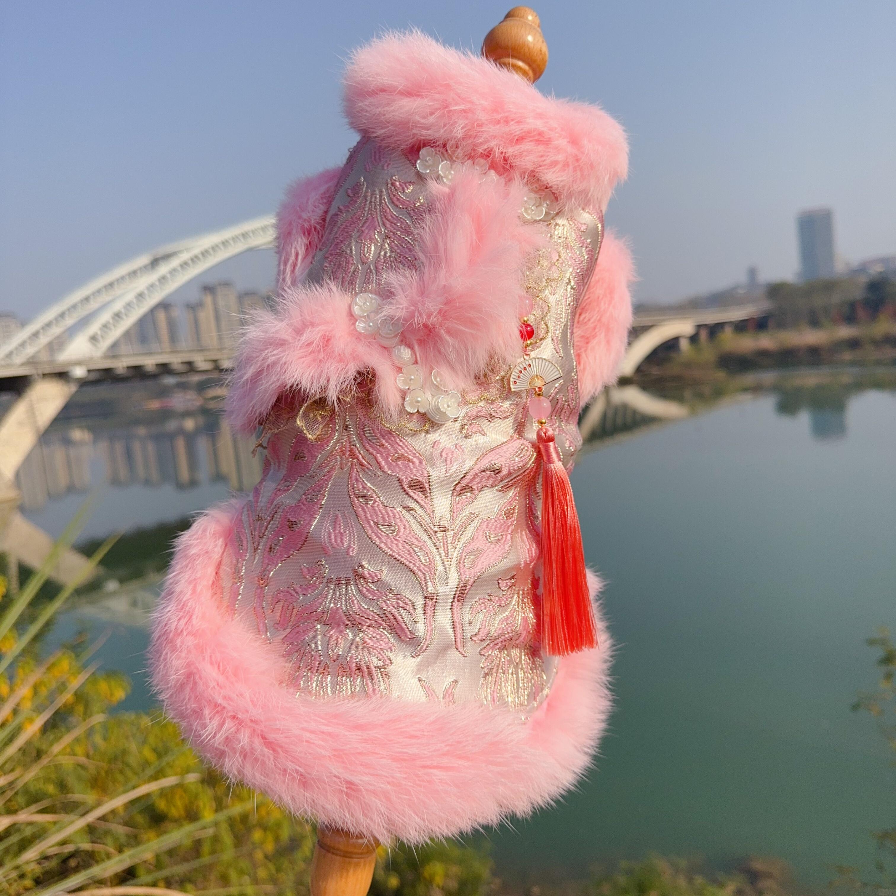 

Luxury Pet Dog Faux Fur Dress,Long Tailing Detachable Puppy Gown,Handmade Pet Tutu,Featured Peacock Feather Printing (Pink/Blue) XS