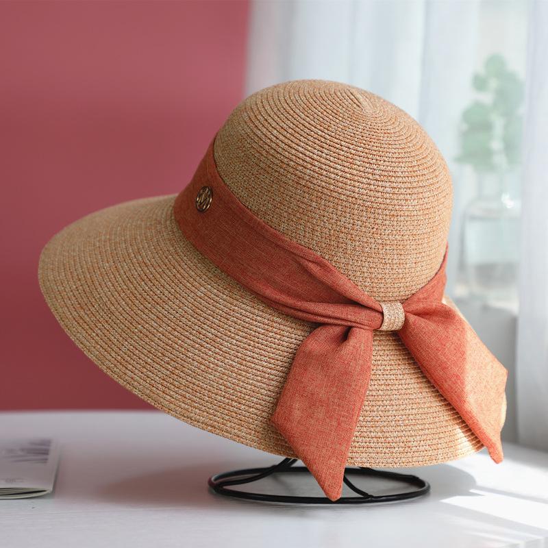 

Spring and summer versatile straw hat bow sunshade sunscreen seaside vacation big brim beach hat sun hat cool hat Adjustable (54-59cm)
