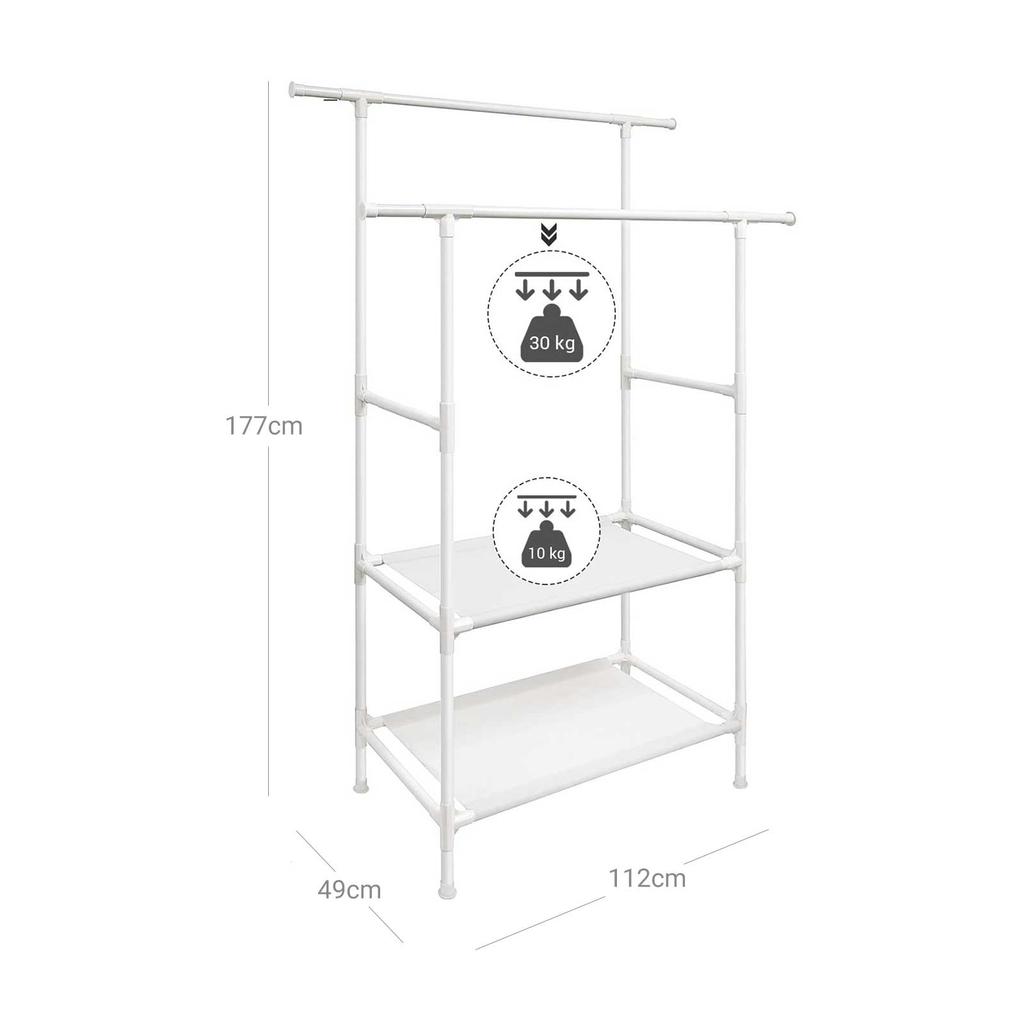 SONGMICS Clothes Rack, Metal Clothing Stand with 2 Hanging Rails and 2 Storage Shelves, Max. Load 70 Kg, Easy Assembly, White