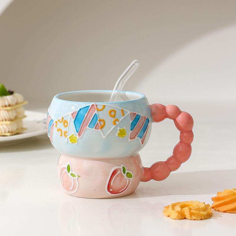 Hand-painted Relief Gourd Ceramic Cup Aesthetic Value, Breakfast Large Capacity, Cute Oatmeal Mug, Home Drinking Wate Drinkware