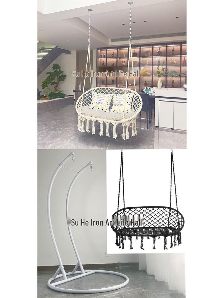 Nordic Indoor Outdoor Double Hanging Chair Swing with Tassel Cradle - Cotton and Linen Hammock for Homestay or Balcony.