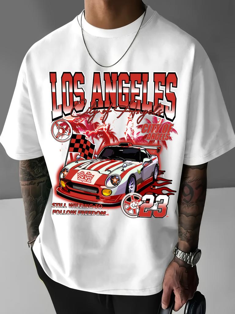 Summer New Men's Casual Los Angeles Racing Graphic T-shirt Breathable Round Neck Short Sleeve Y2K Style Perfect for Outdoor Tee