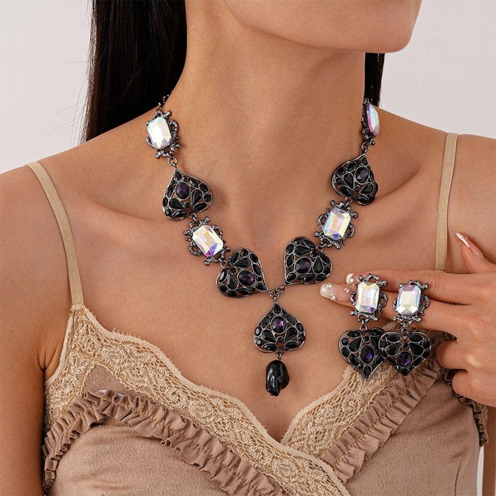 Vintage Heart Rhinestone Necklace Hollow Out Heart Drop Earrings Necklace Earrings Party