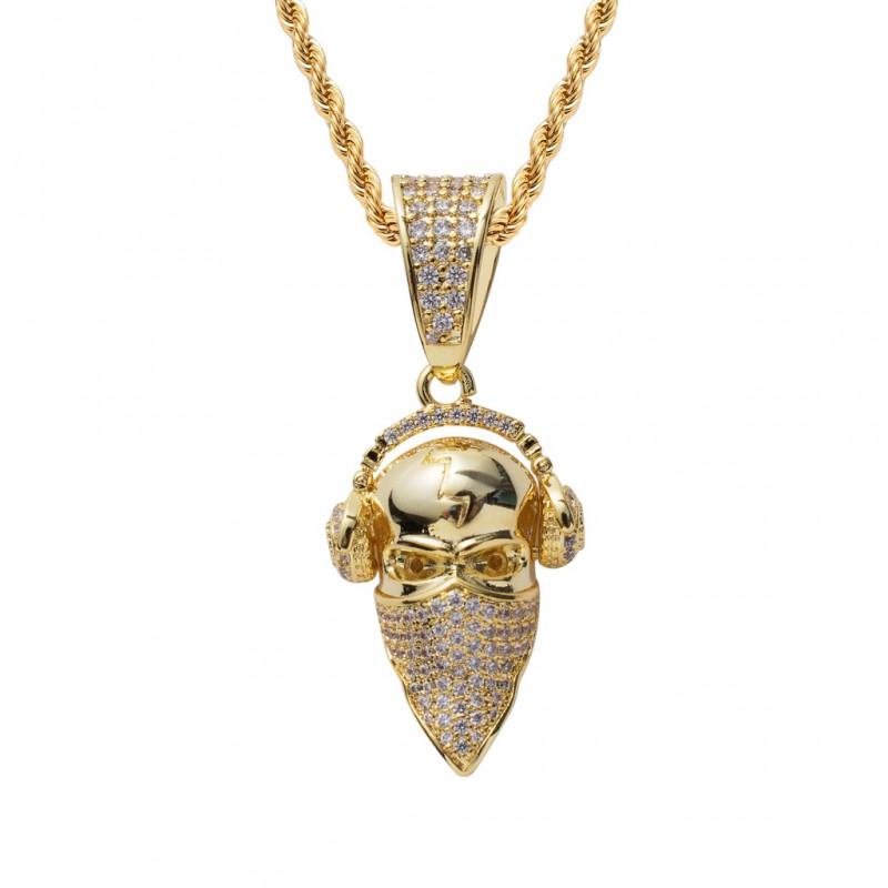 Hip Hop Pendant Necklace With Masked DJ Head Charm Tone Micro-Set Copper Chain 60cm Stainless Steel Twisted Link