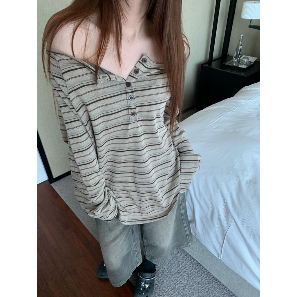 220G Korean Spice Girl Long Sleeve Striped T-Shirt One-word Neck Bottom Shirt Women's Thin Autumn New Loose Top